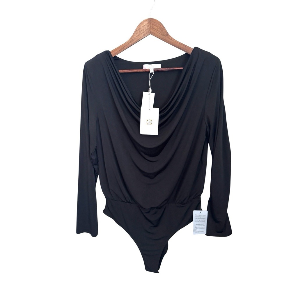 NWT WAYF Black Long Sleeve Cowl Neck Bodysuit Large Whimsigoth Preppy Romantic